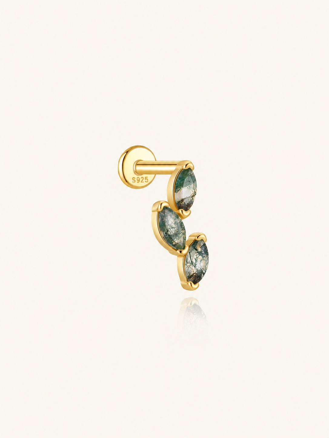925 Sterling Silver Triple Marquise Moss Agate Stud