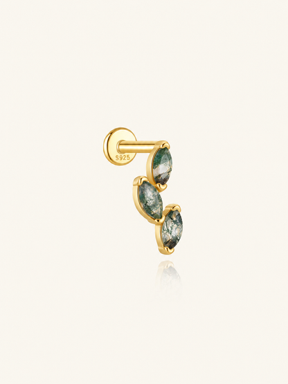 925 Sterling Silver Triple Marquise Moss Agate Stud