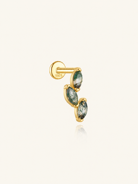 925 Sterling Silver Triple Marquise Moss Agate Stud