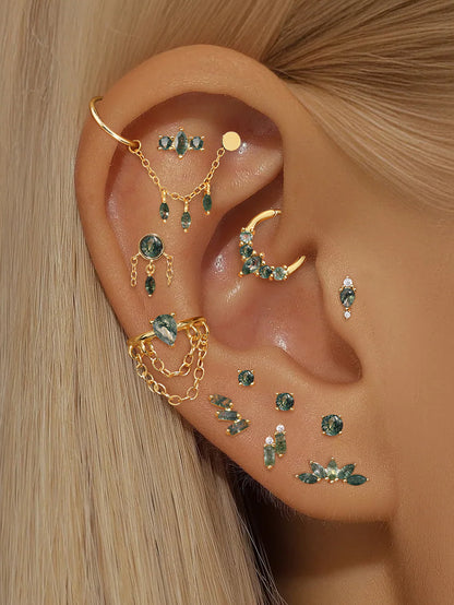 925 Sterling Silver Triple Moss Agate Cluster Piercing Stud