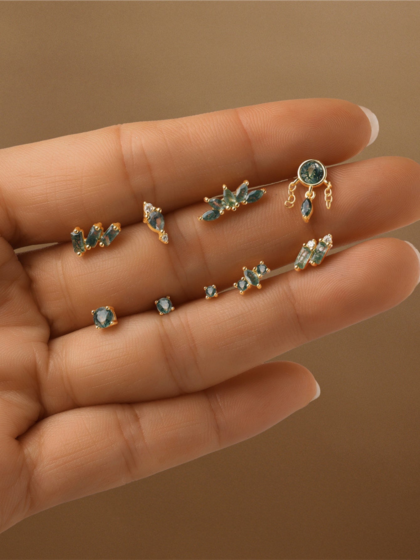 925 Sterling Silver Triple Moss Agate Cluster Piercing Stud