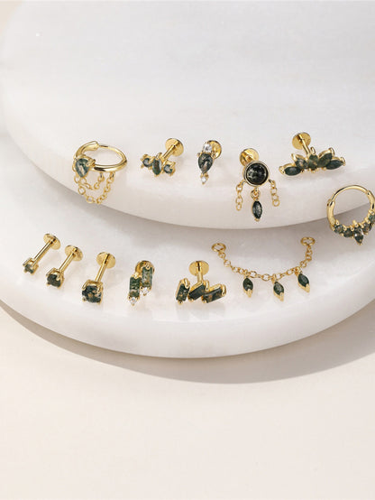 925 Sterling Silver Triple Moss Agate Cluster Piercing Stud