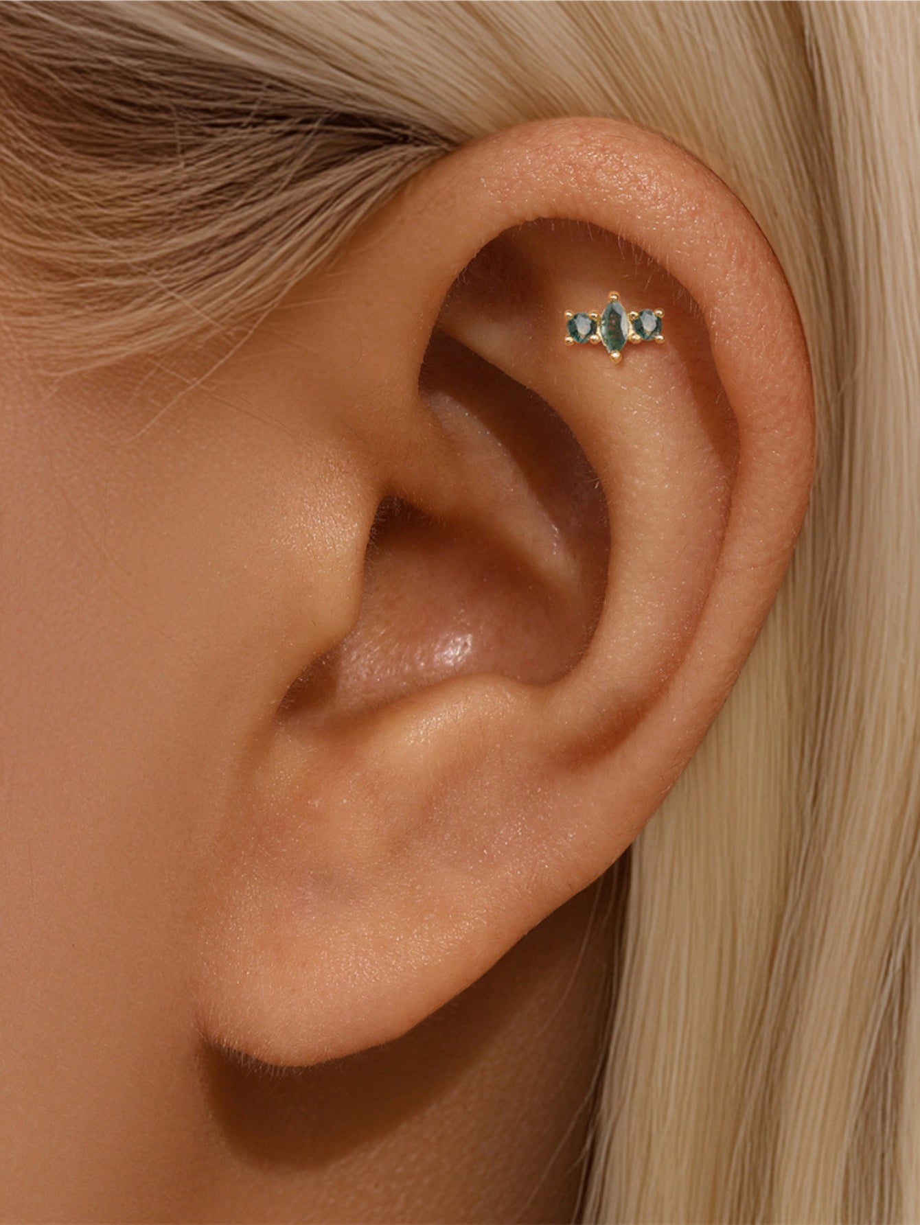 925 Sterling Silver Triple Moss Agate Cluster Piercing Stud