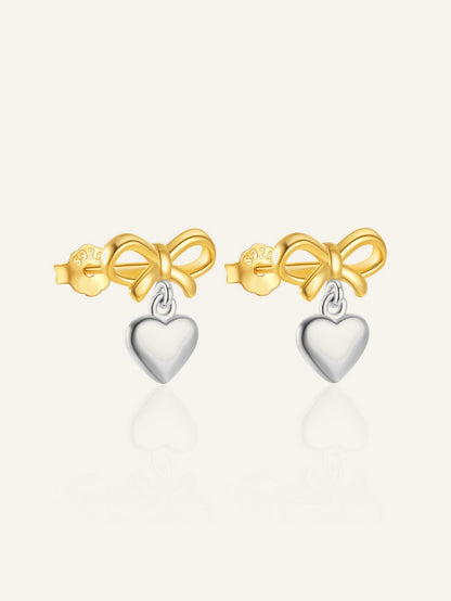 925 Sterling Silver Two-Tone Bow & Heart Drop Stud Earrings