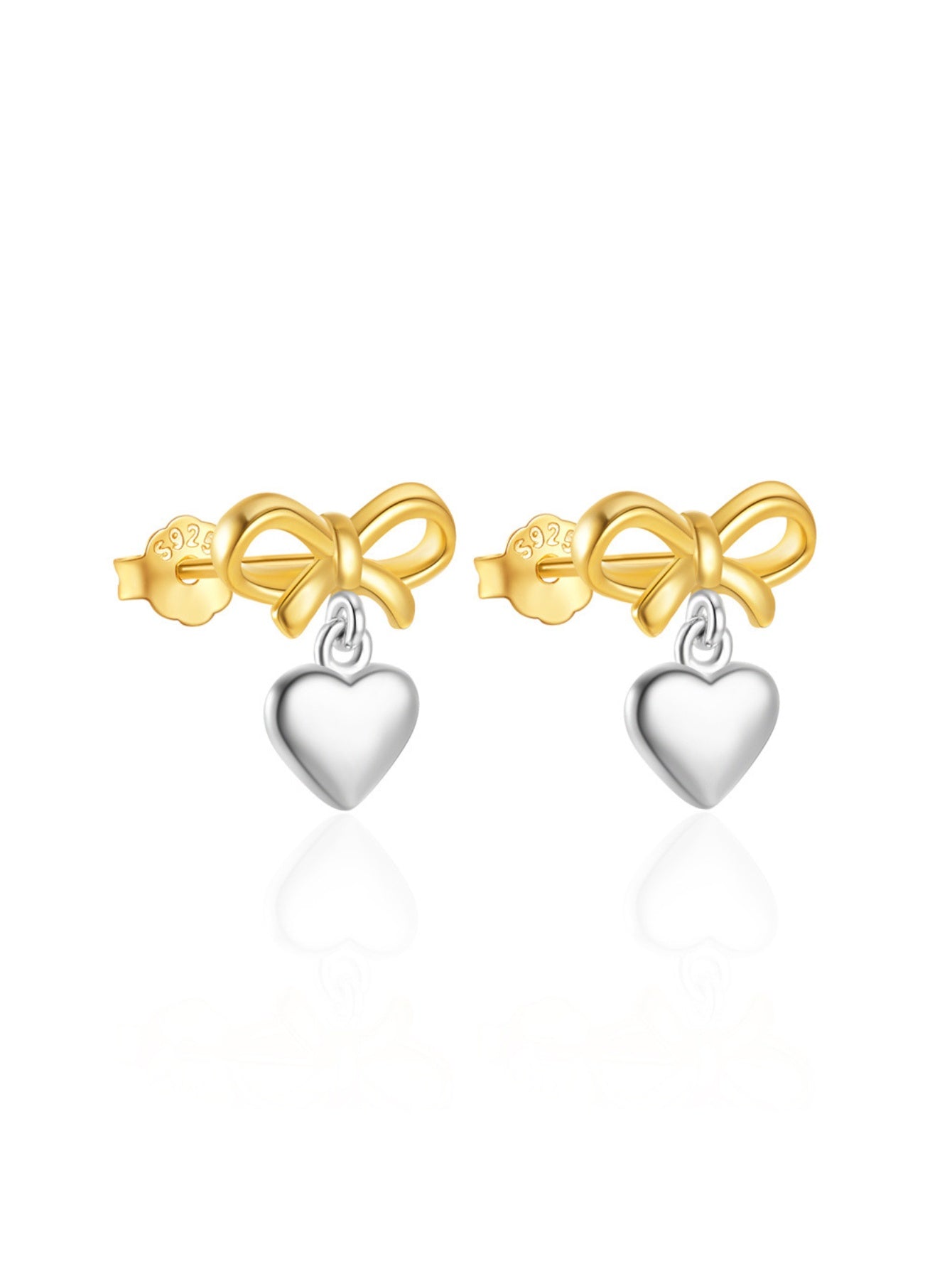 925 Sterling Silver Two-Tone Bow & Heart Drop Stud Earrings