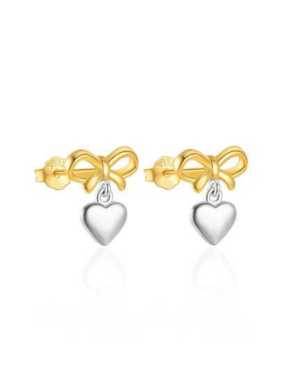 925 Sterling Silver Two-Tone Bow & Heart Drop Stud Earrings