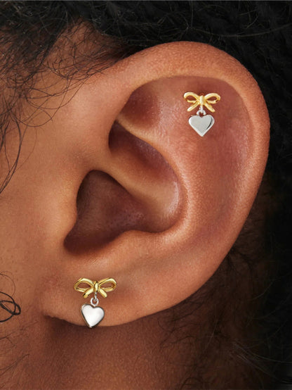 925 Sterling Silver Two-Tone Bow & Heart Drop Stud Earrings