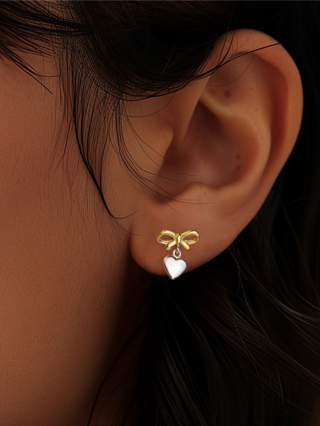 925 Sterling Silver Two-Tone Bow & Heart Drop Stud Earrings