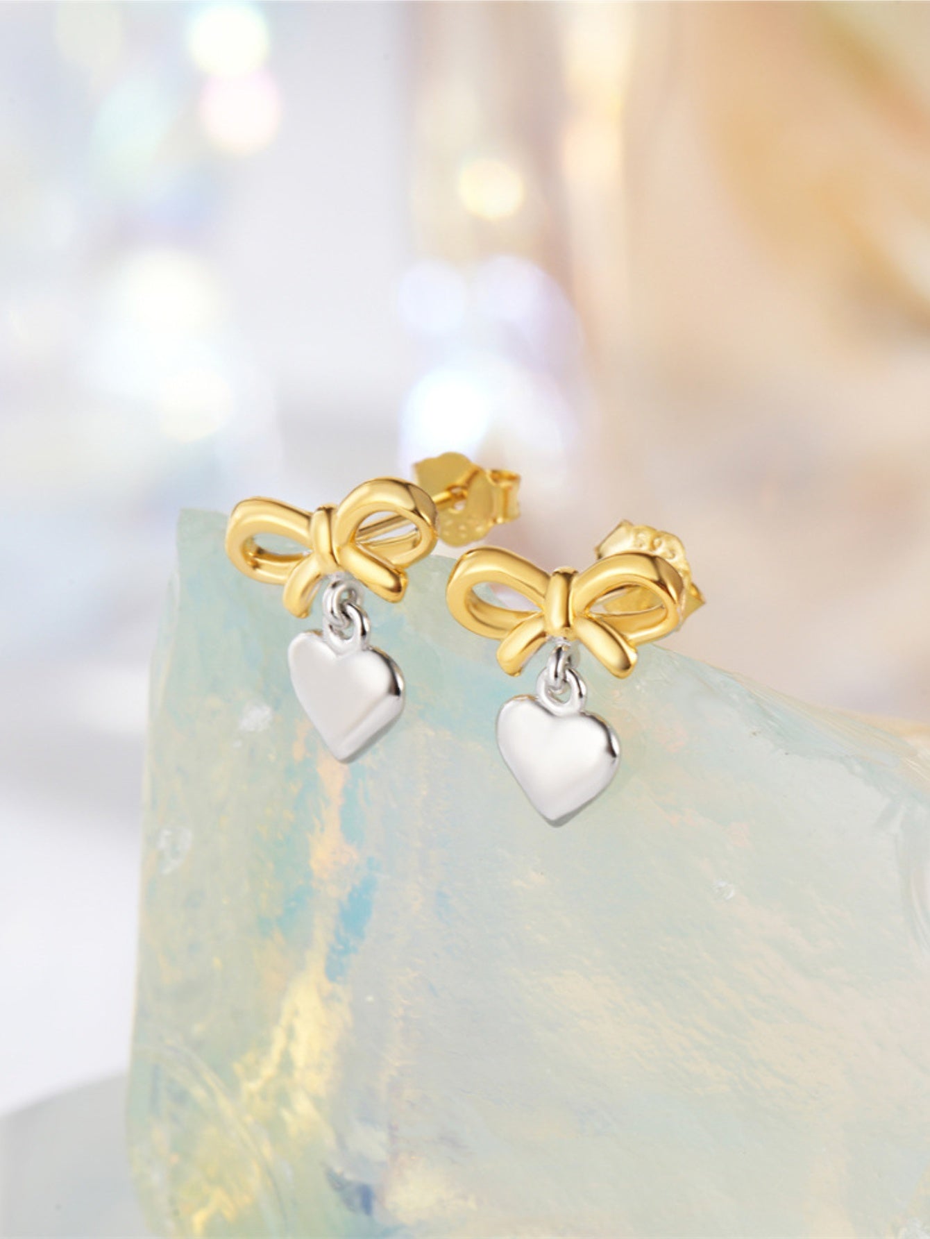925 Sterling Silver Two-Tone Bow & Heart Drop Stud Earrings