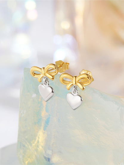 925 Sterling Silver Two-Tone Bow & Heart Drop Stud Earrings