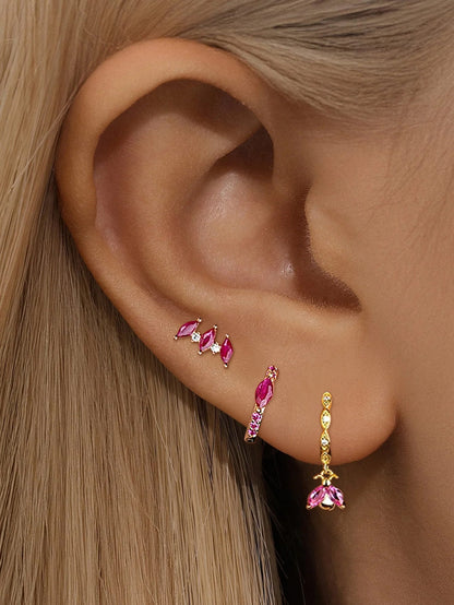 925 Sterling Silver 3-Piece Rose Pink Marquise Petal Earring Set