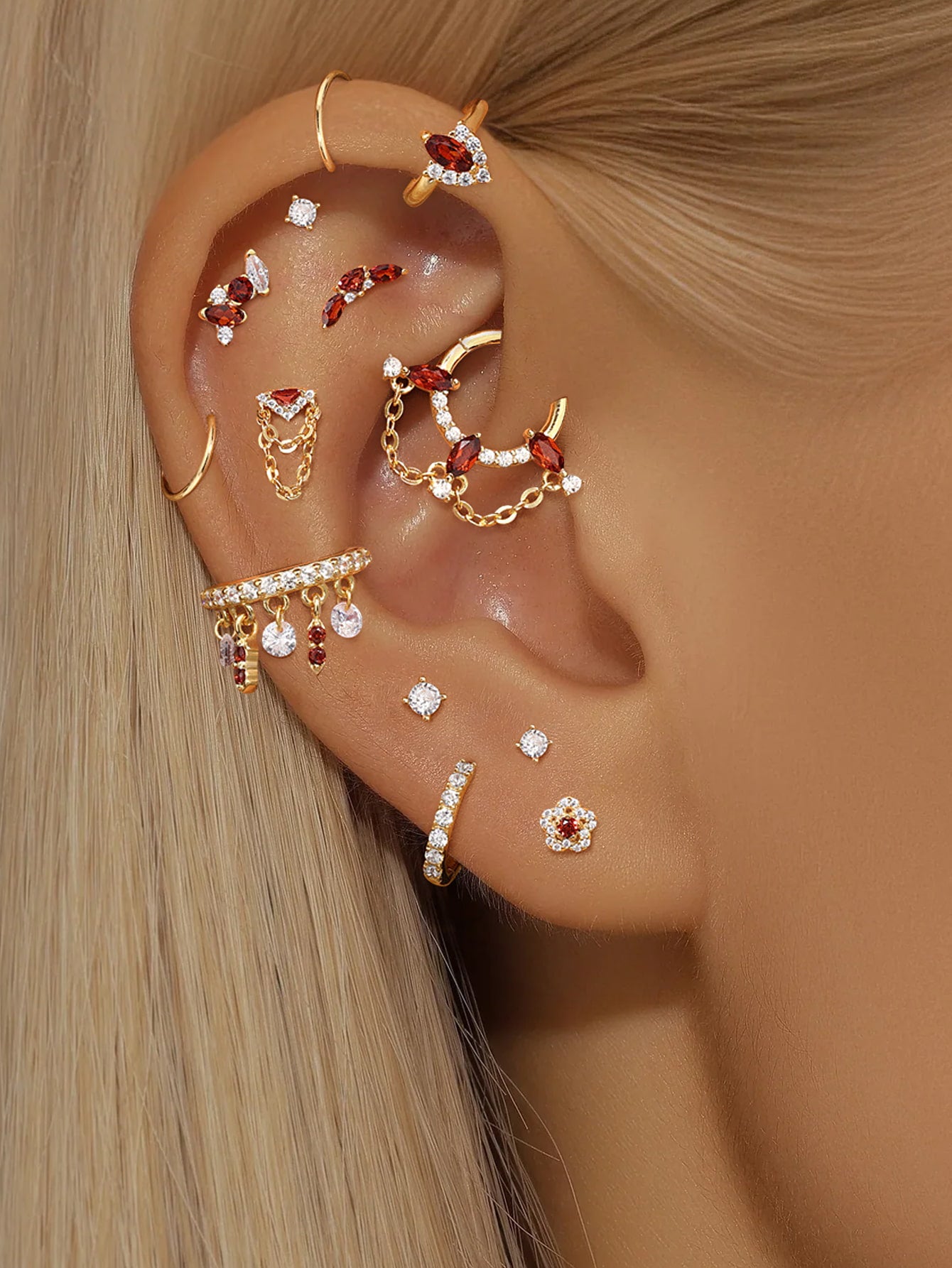 925 Sterling Silver Marquise Flower Garnet Red Piercing Ear Stack