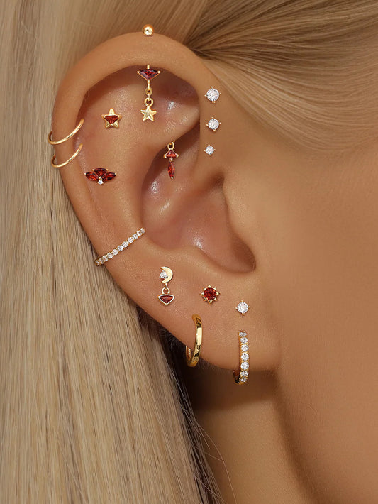 925 Sterling Silver Moon Star Garnet Red Piercing Ear Stack