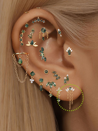 S925 Natural Moss Agate Tassel Flatback Stud Piercing Earrings