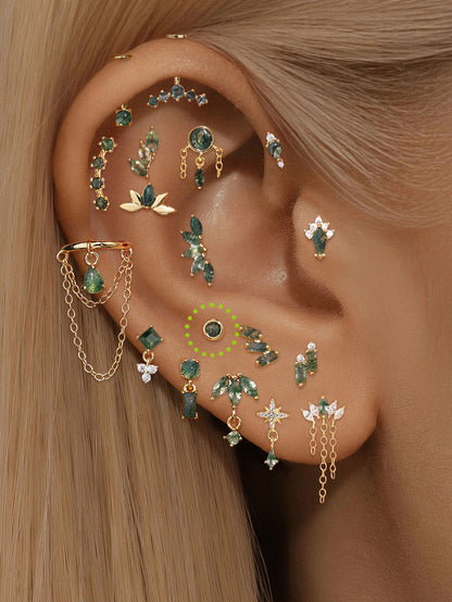 S925 Moss Agate Round Flatback Stud Piercing Earrings