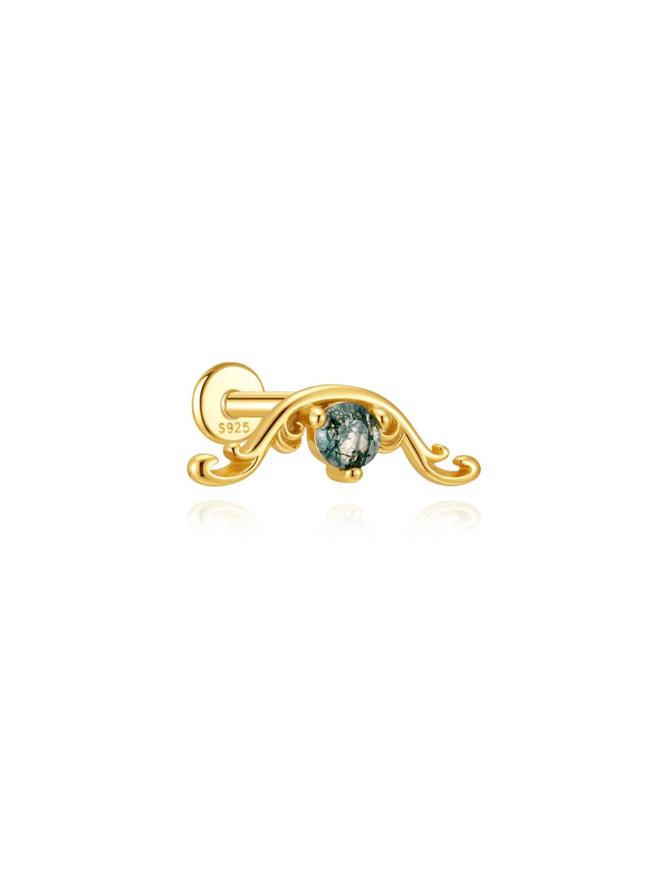 925 Sterling Silver Moss Agate Scroll Flat Back Stud