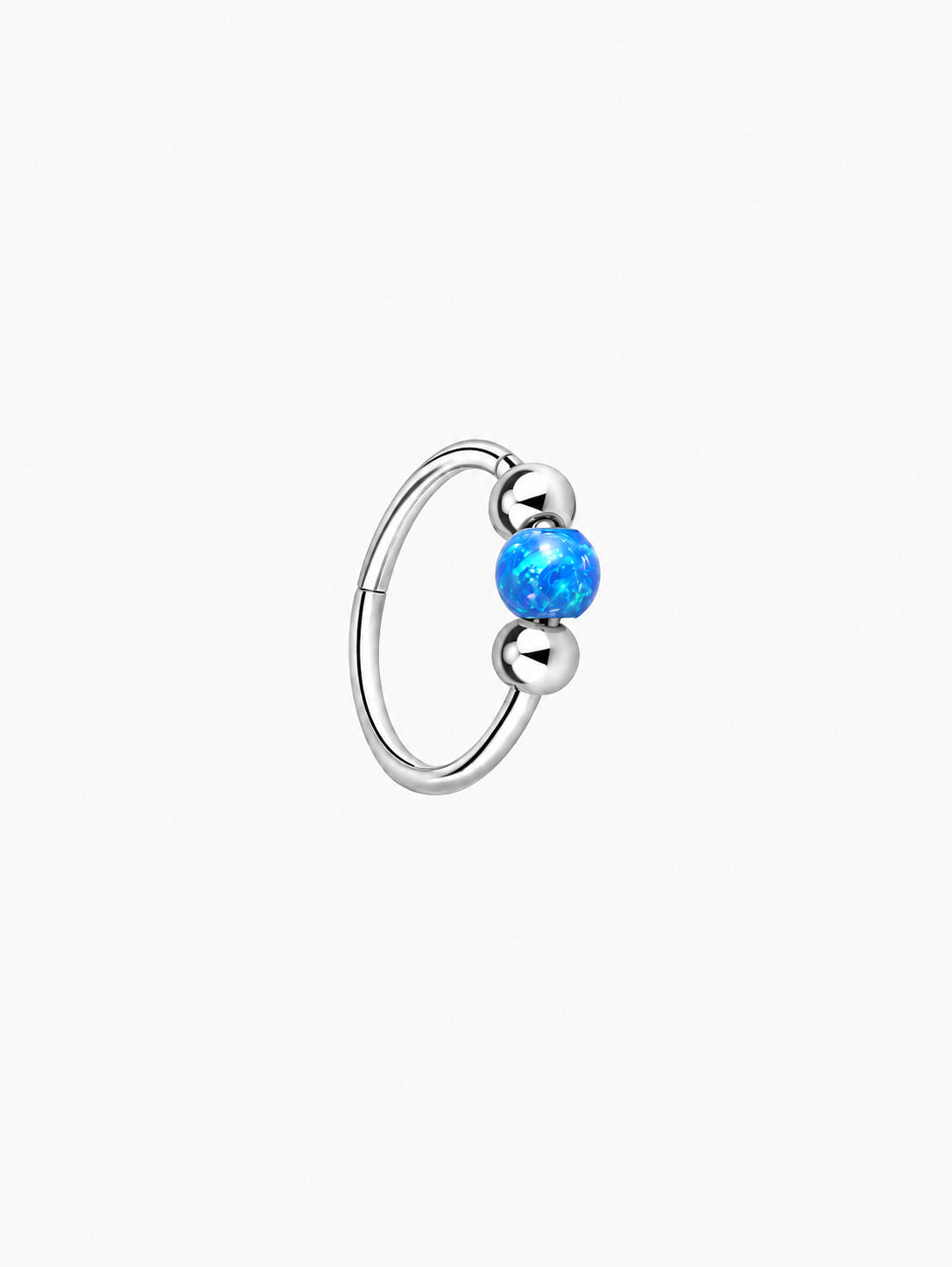 Silver G23 titanium clicker hoop with vivid blue opal bead and polished titanium ball accents