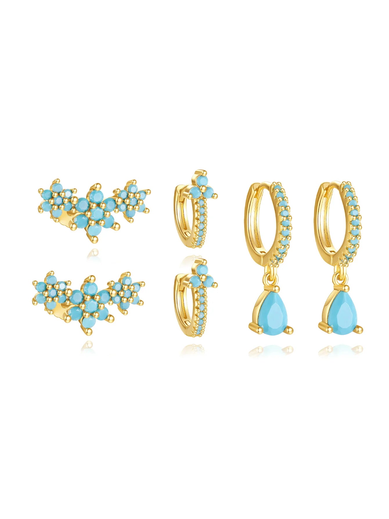 925  Sterling Silver Turquoise Flower Drop Hoop Earring Set
