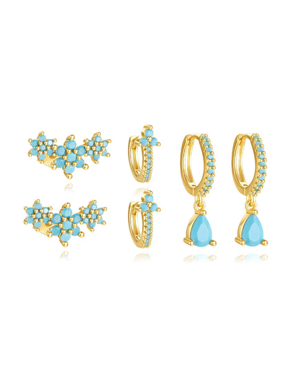 925  Sterling Silver Turquoise Flower Drop Hoop Earring Set
