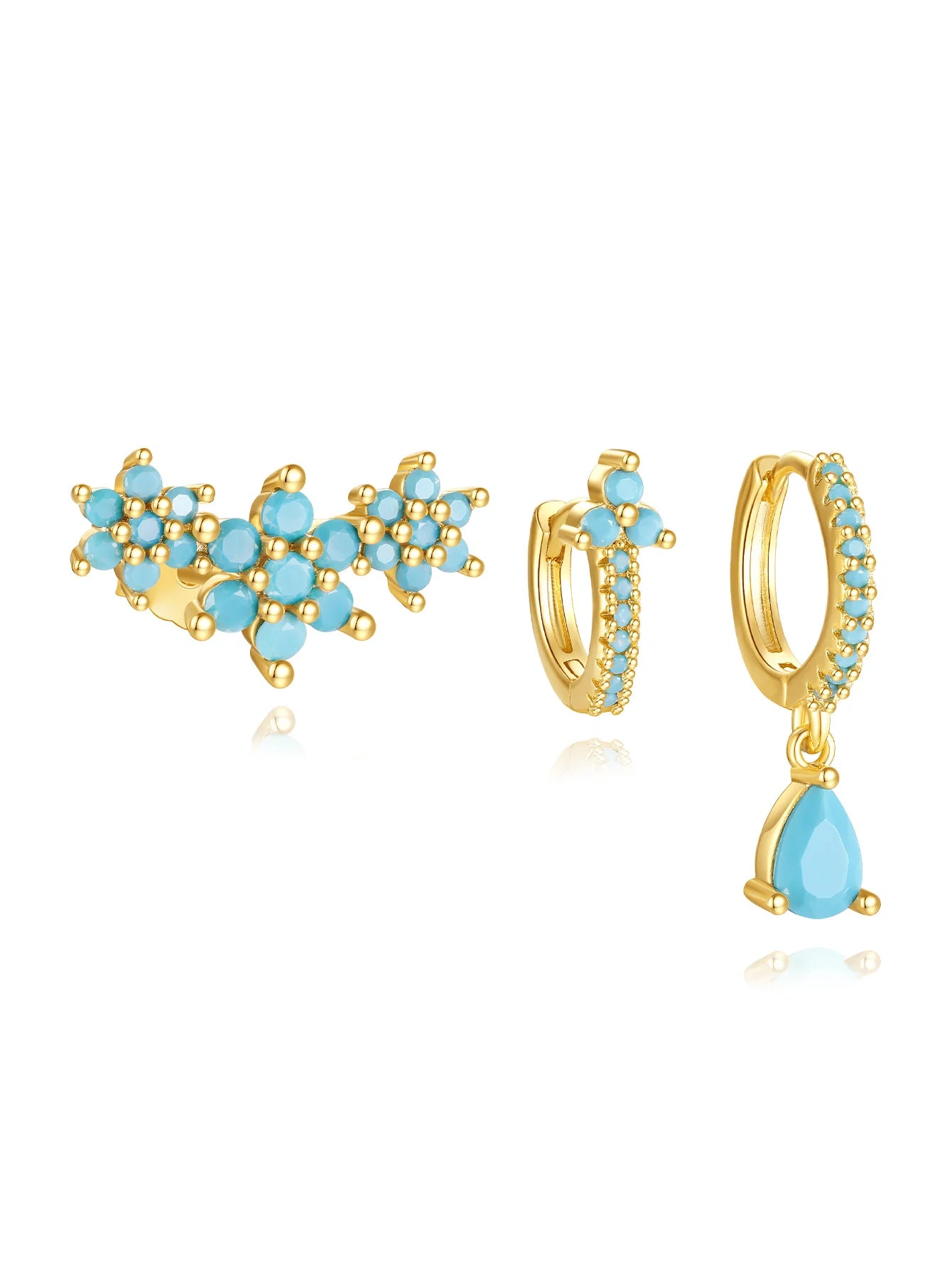 925  Sterling Silver Turquoise Flower Drop Hoop Earring Set