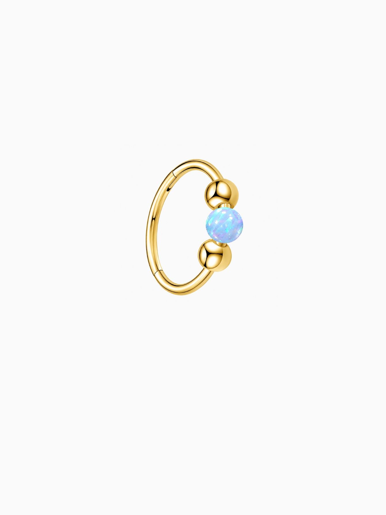 Gold G23 titanium seamless clicker ring with light blue opal bead and polished ball details