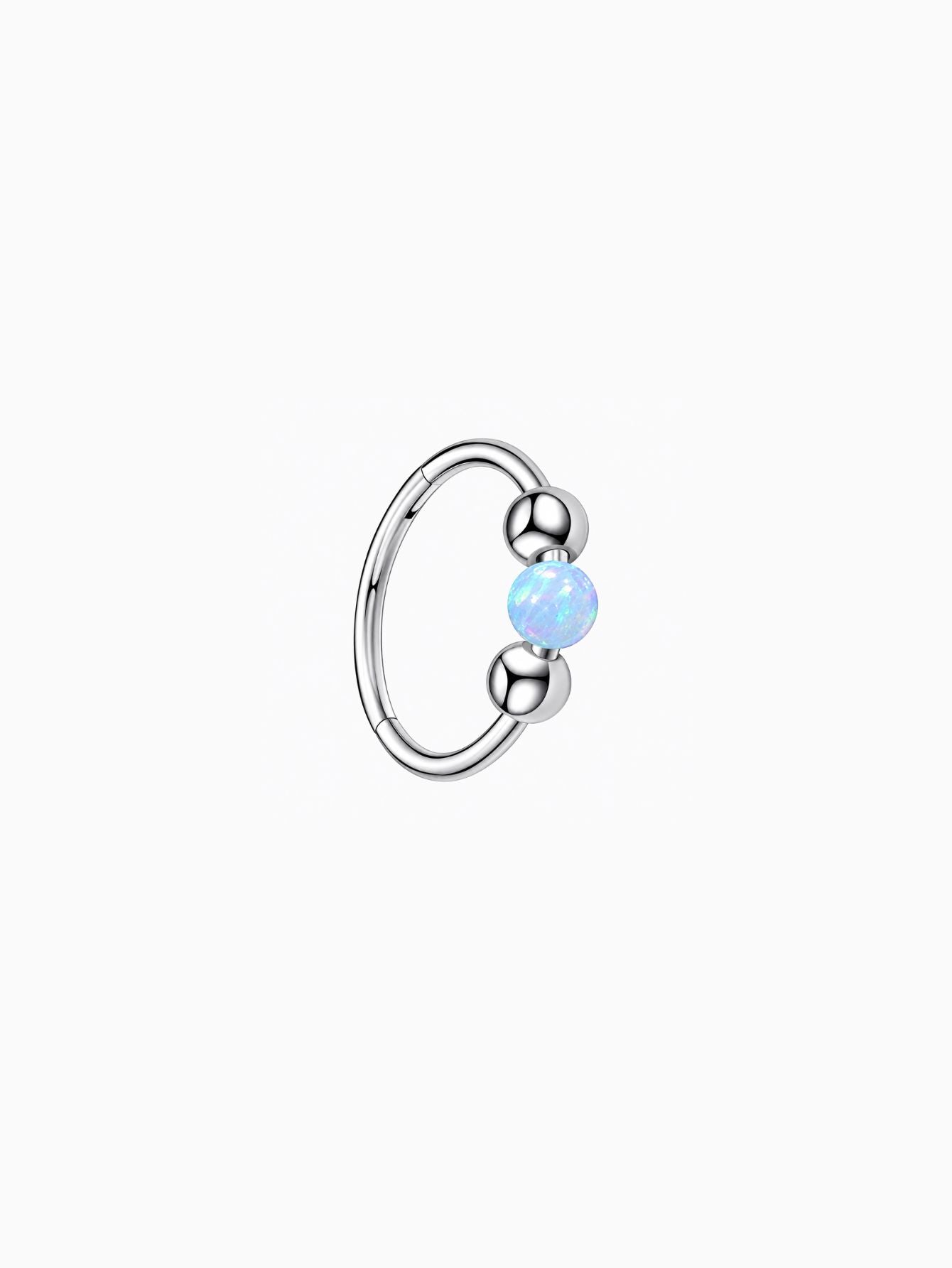 Silver G23 titanium seamless clicker ring with iridescent light blue opal center bead