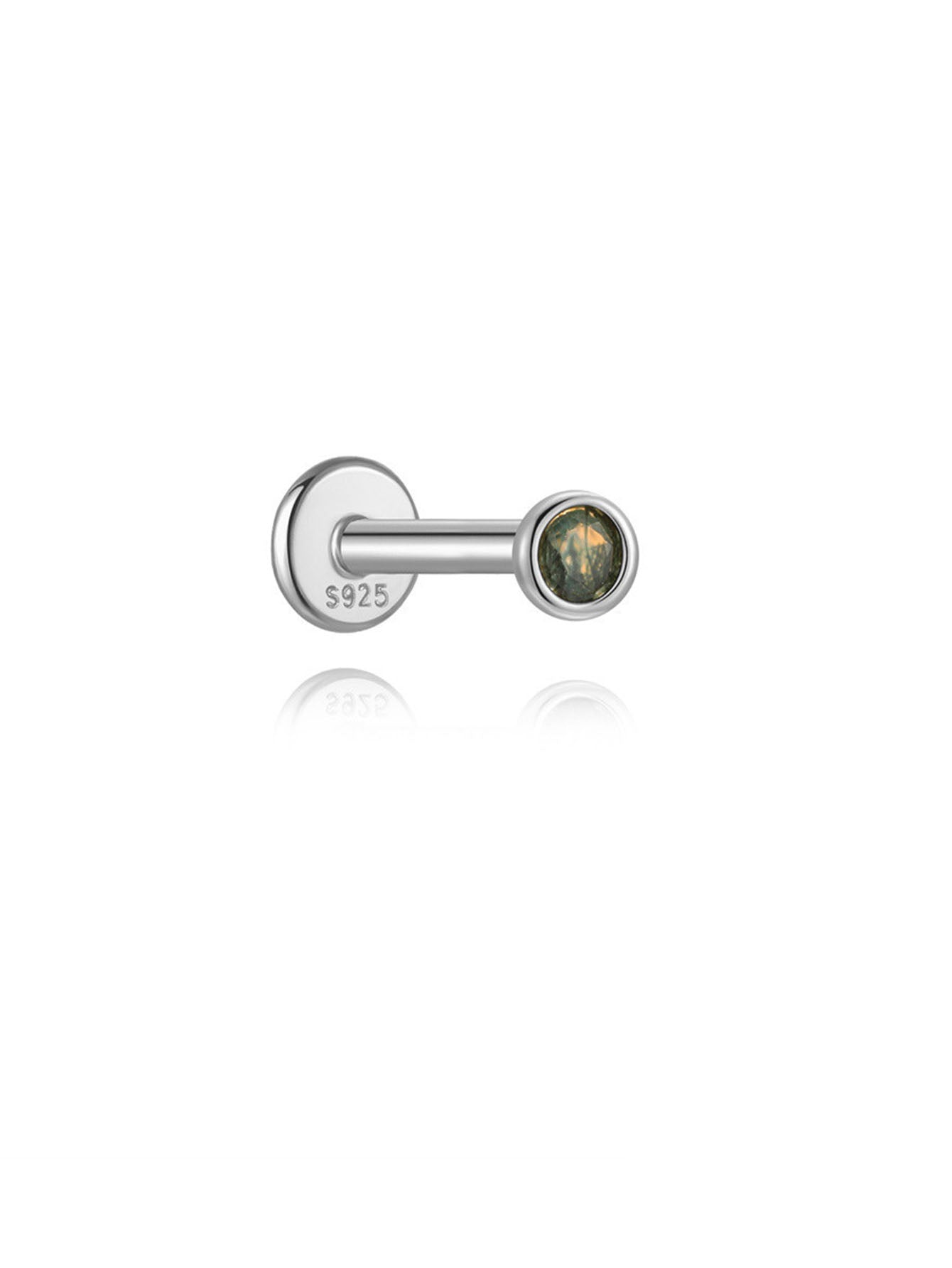 S925 Moss Agate Round Flatback Stud Piercing Earrings