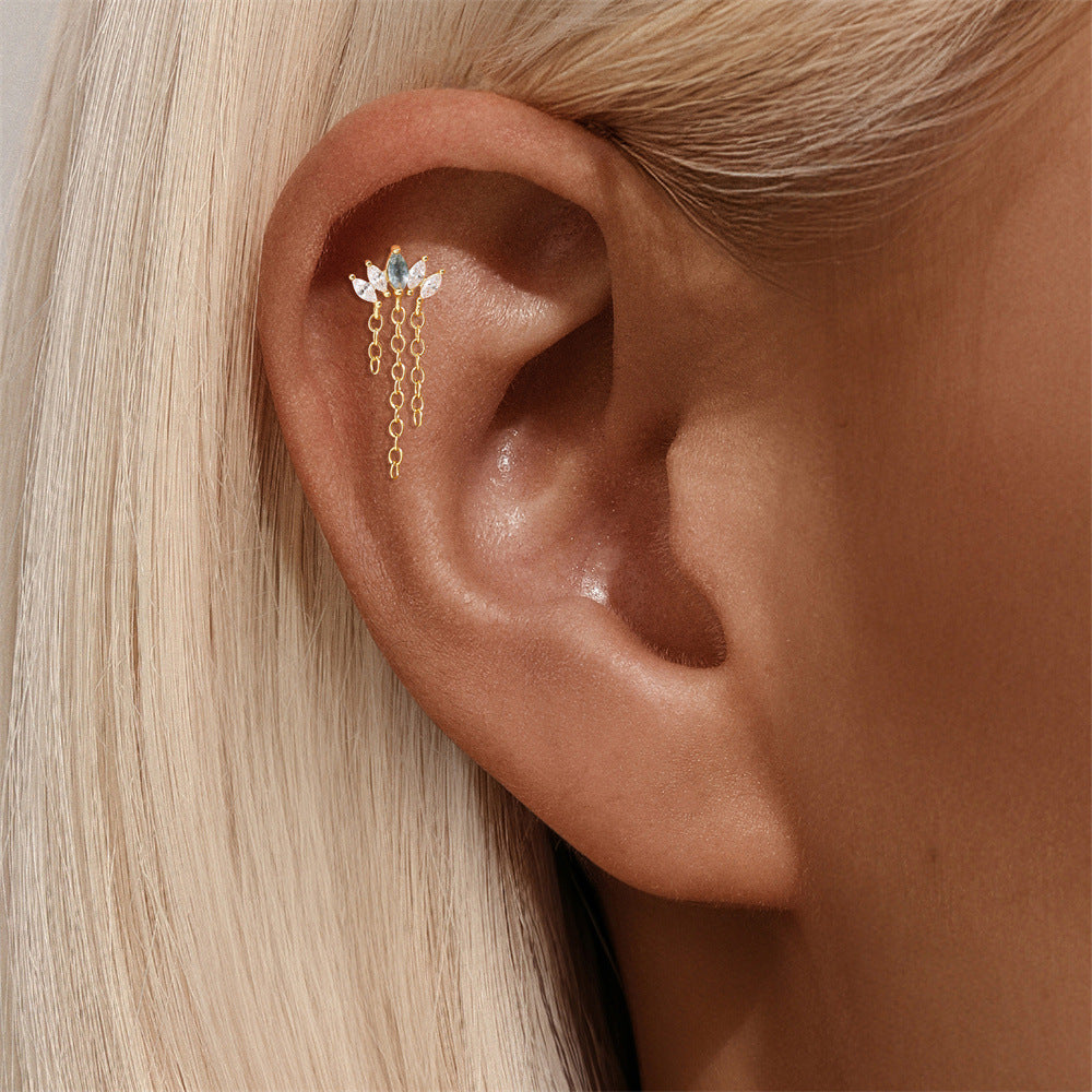 S925 Natural Moss Agate Tassel Flatback Stud Piercing Earrings