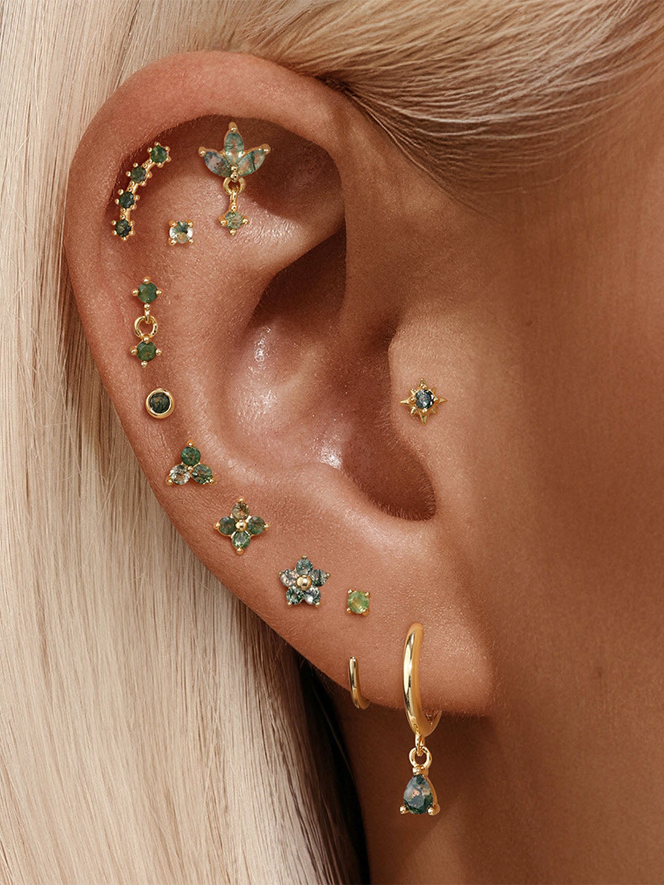 S925 Moss Agate Round Flatback Stud Piercing Earrings