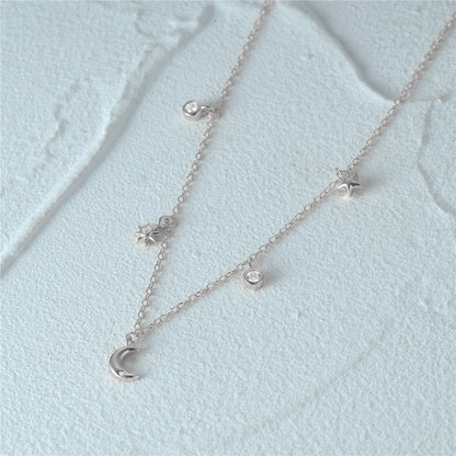 925 Sterling Silver Classic Star Moon Zircon Stacking Necklace