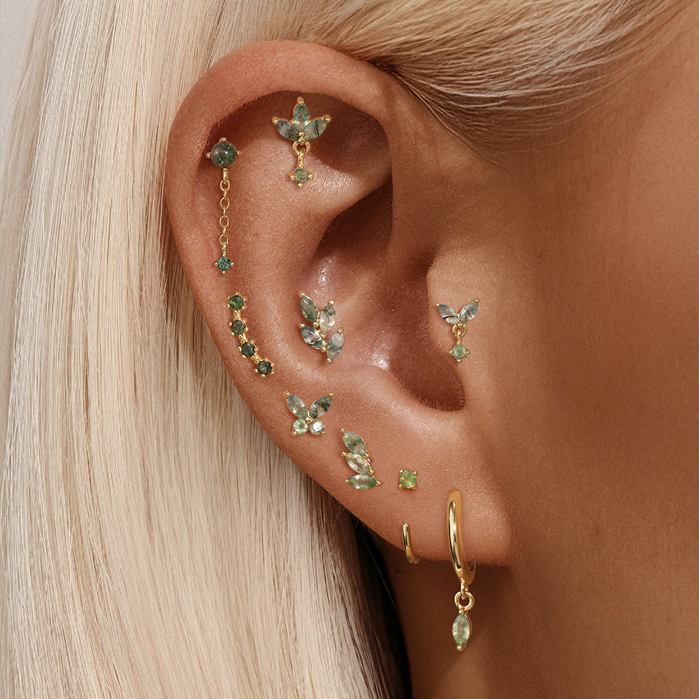 S925 Minimalist Moss Agate Arch Flatback Stud Piercing Earrings
