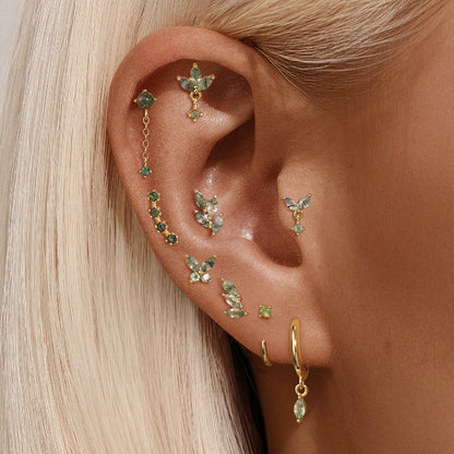 S925 Minimalist Moss Agate Arch Flatback Stud Piercing Earrings