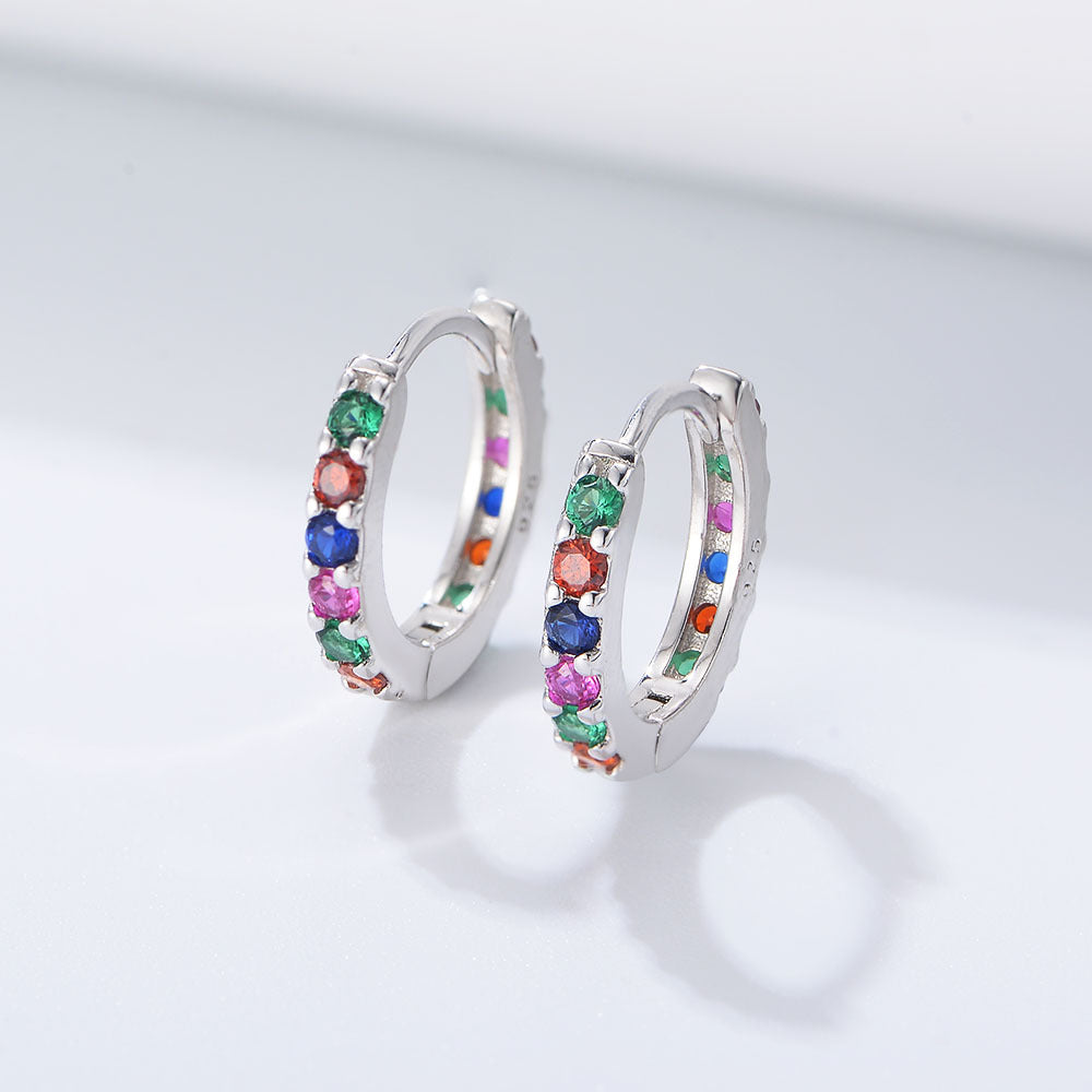 925 Sterling Silver  Multicolor Colourful Hoop Huggies Earrings