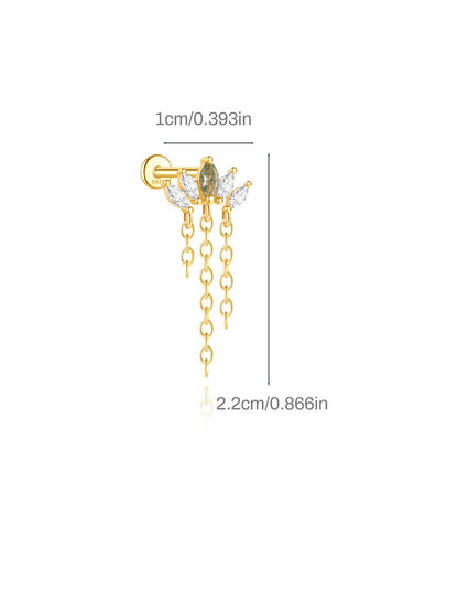 S925 Natural Moss Agate Tassel Flatback Stud Piercing Earrings
