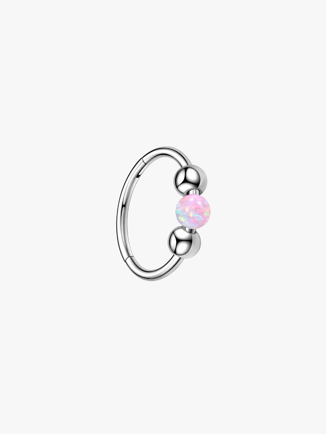 Silver G23 titanium seamless clicker hoop featuring a soft pink opal bead for ear piercings