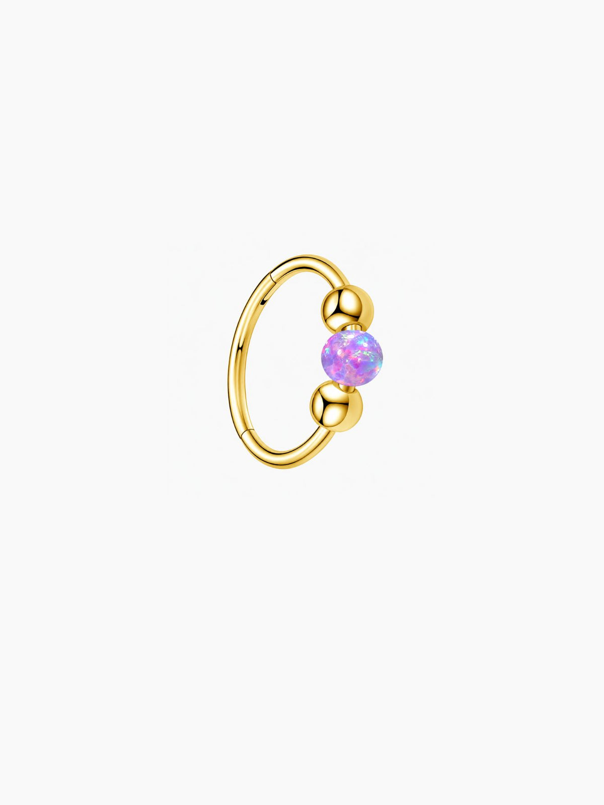 Gold G23 titanium seamless clicker ring with vibrant purple opal bead and smooth ball details