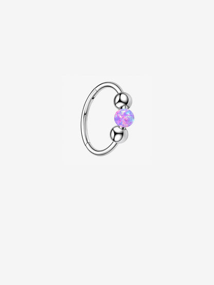 Silver G23 titanium clicker ring with colorful purple opal bead and polished ball accents