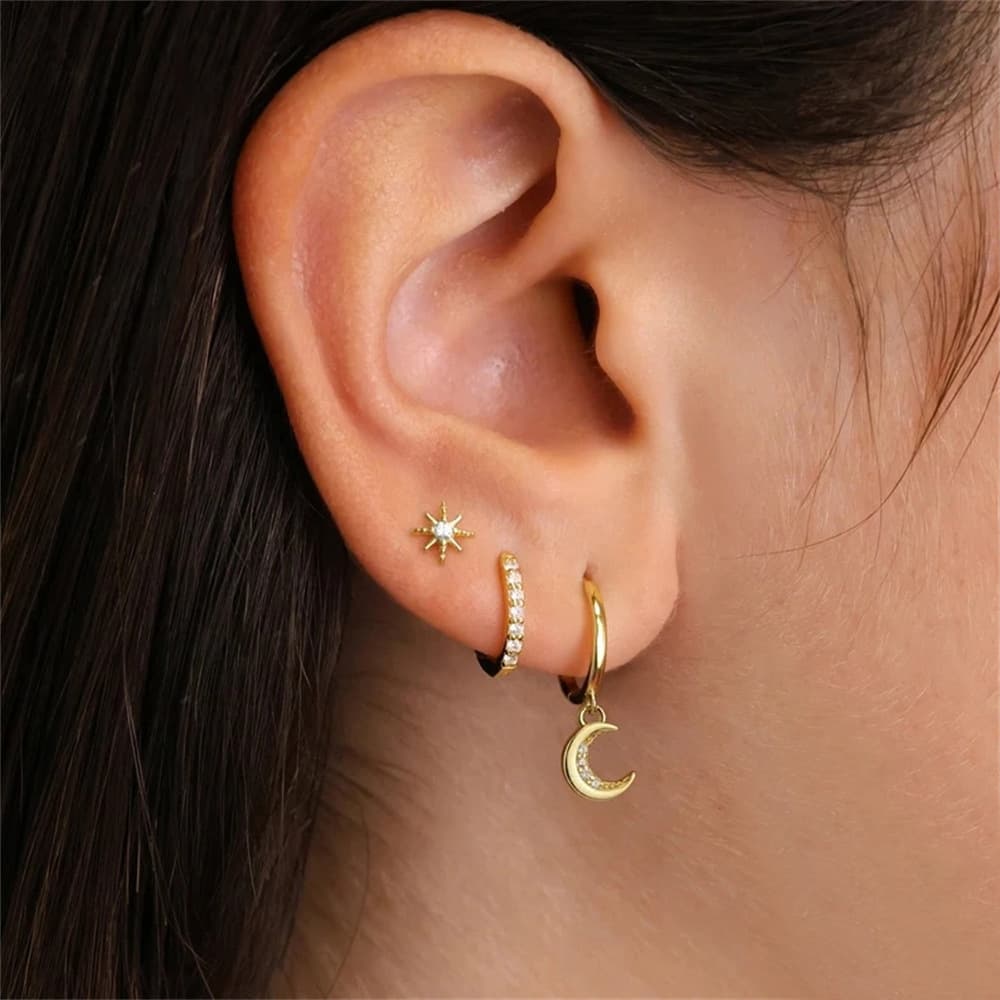 S925 Star & Moon Pendant Hoop Earring Set