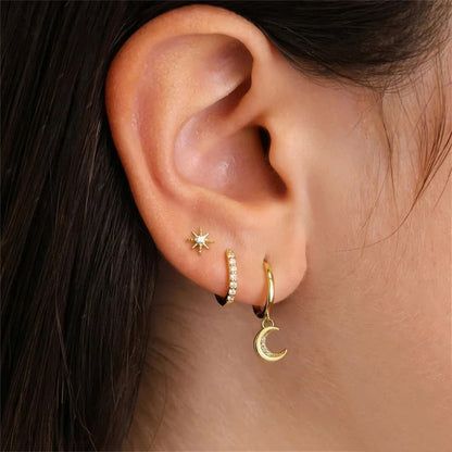 S925 Star & Moon Pendant Hoop Earring Set