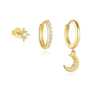 S925 Star & Moon Pendant Hoop Earring Set