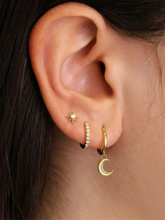 S925 Star & Moon Pendant Hoop Earring Set