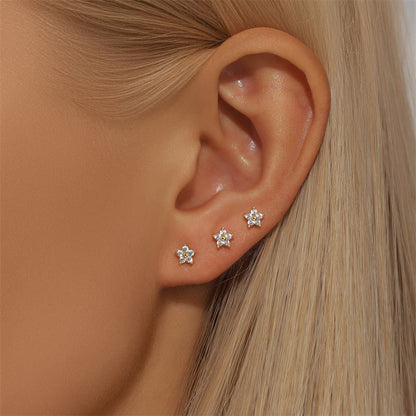 S925 Five-petal Flower Zircon Piercing Stud Earrings Jewelry Set