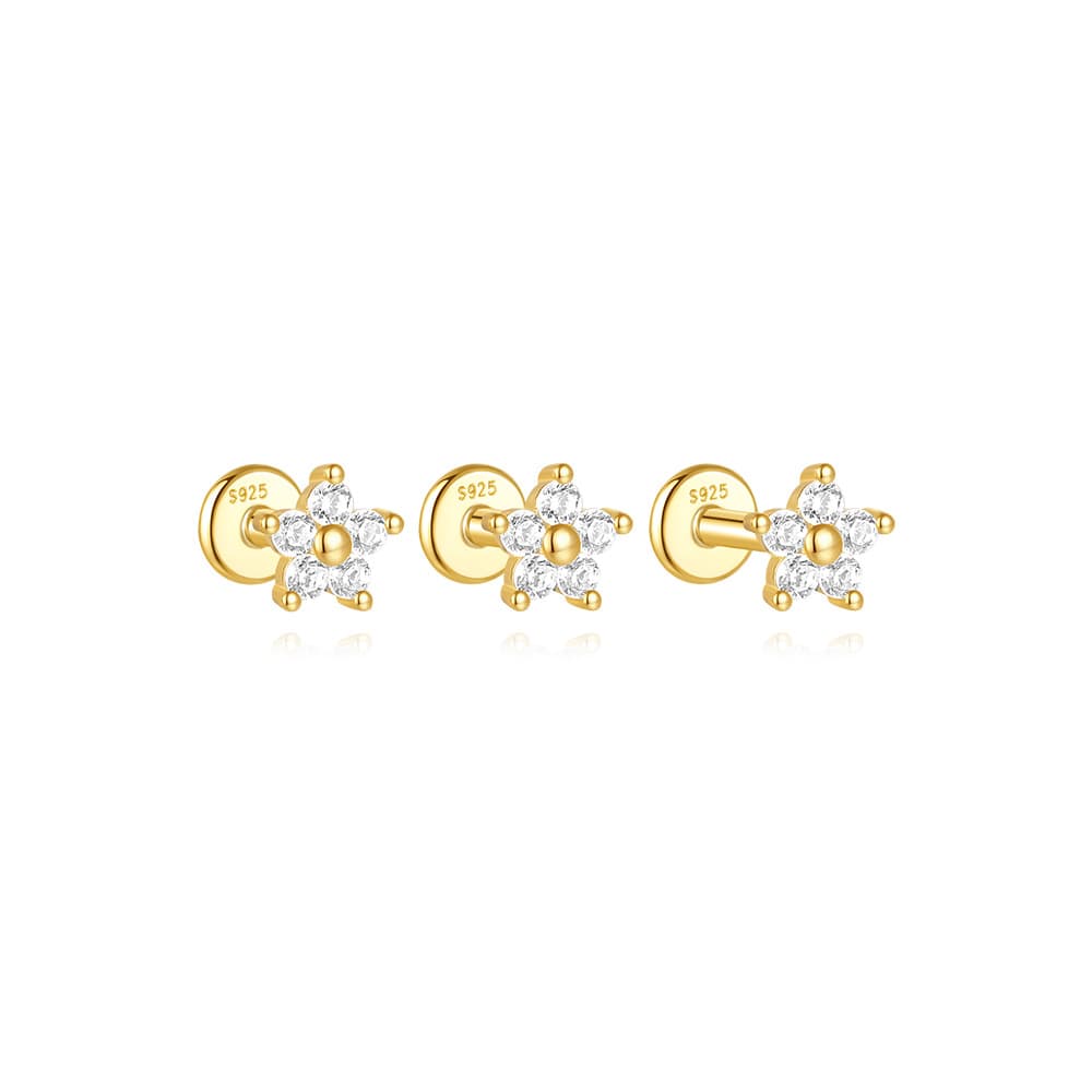 S925 Five-petal Flower Zircon Piercing Stud Earrings Jewelry Set