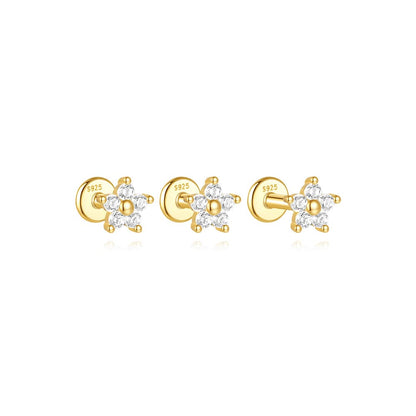 S925 Five-petal Flower Zircon Piercing Stud Earrings Jewelry Set