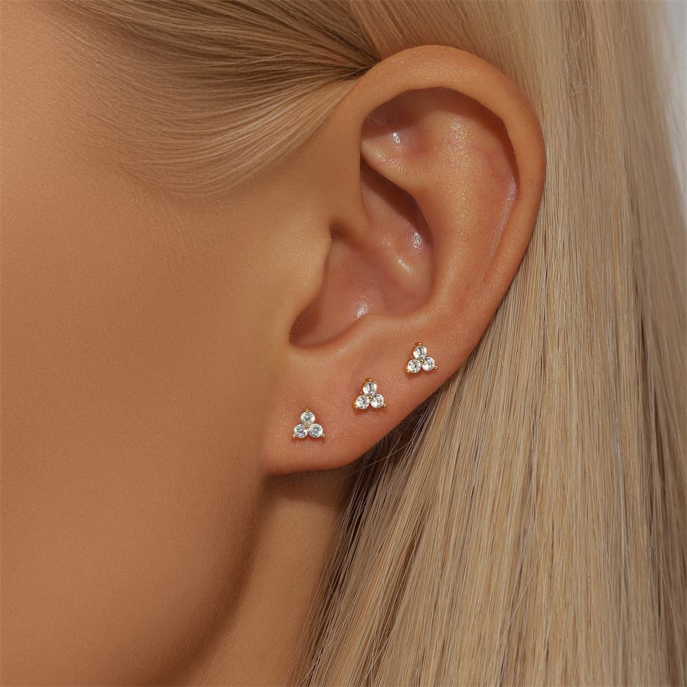 S925 Floral Zircon Flat Back Piercing Stud Earrings Jewelry Set