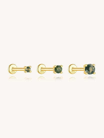S925 Minimalist Natural Moss Agate Flatback Piercing Stud