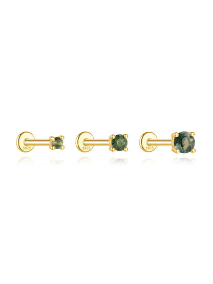 S925 Minimalist Natural Moss Agate Flatback Piercing Stud