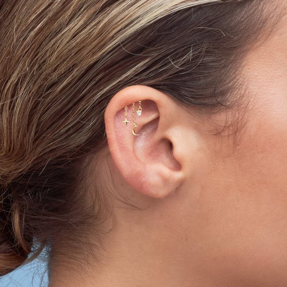 S925 Moon Star Tassel Zircon Ear Piercing Stud