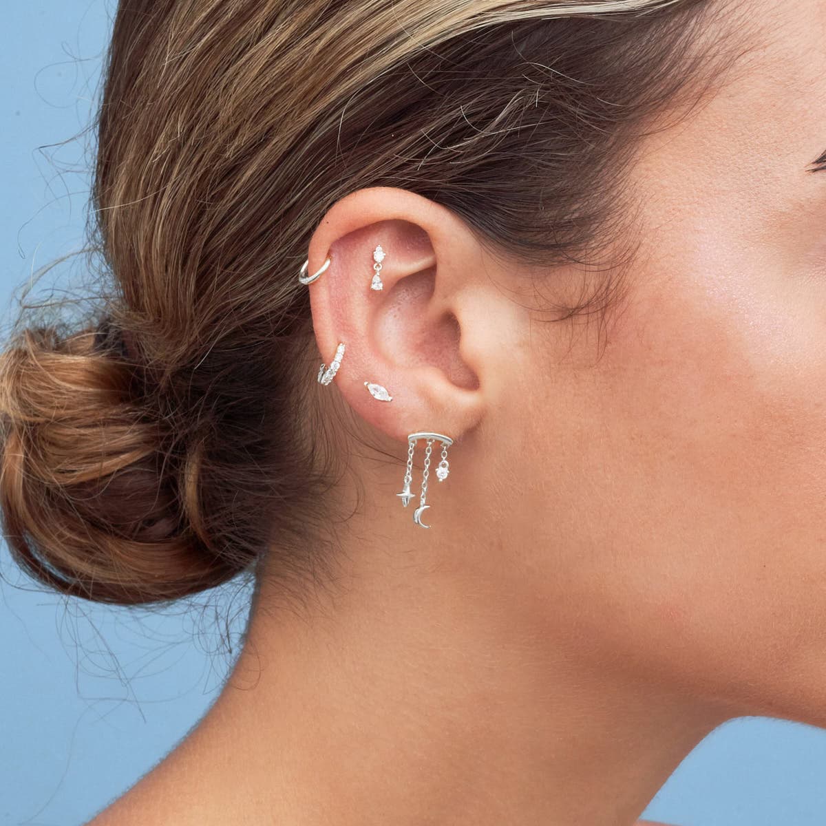 S925 Moon Star Tassel Zircon Ear Piercing Stud