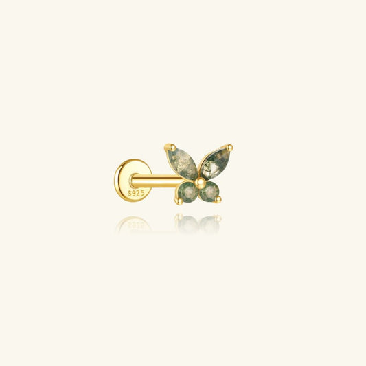 S925 Moss Agate Butterfly Flatback Piercing Stud